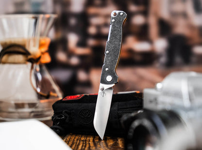 Boker Plus Atlas Sheepsfoot TS folding knife with satin D2 sheepsfoot blade, black stainless steel handle, thumb stud opening, and Backlock