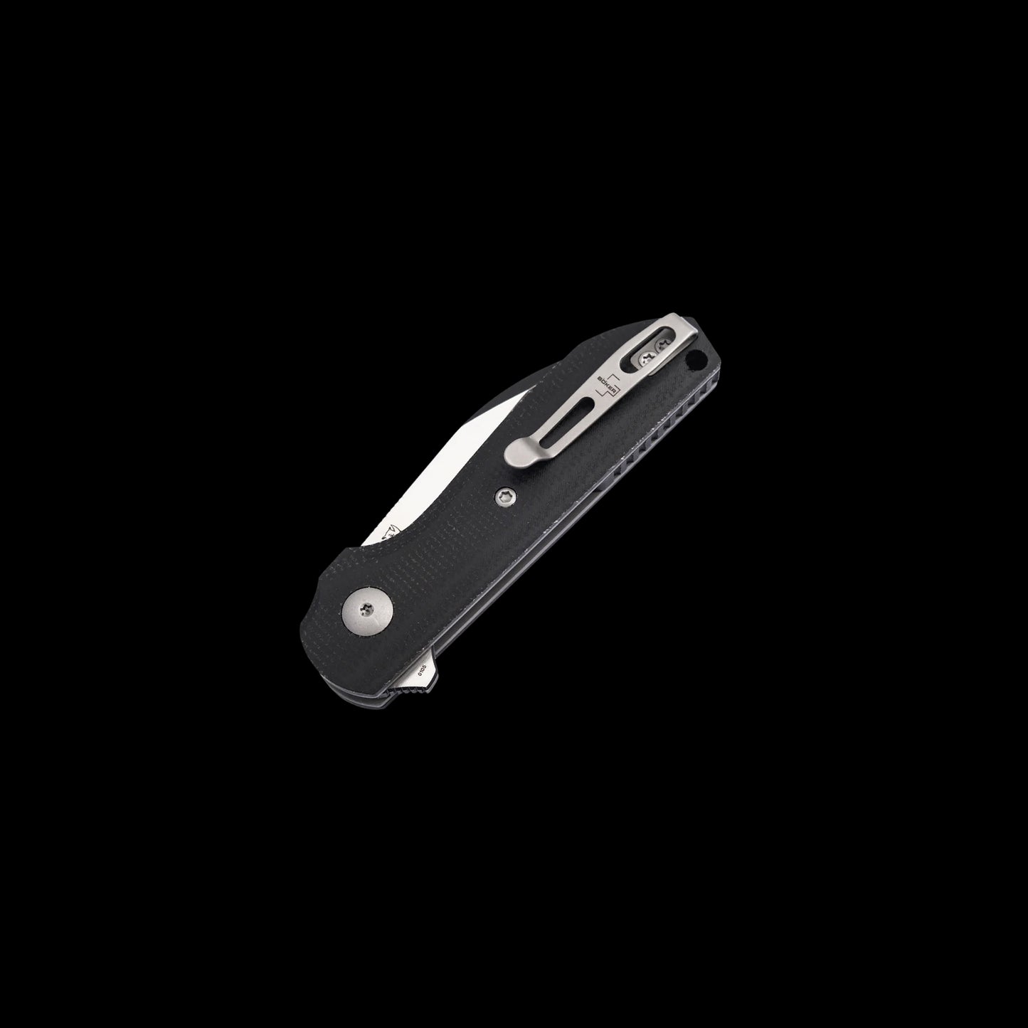 Boker Plus Corvus folding knife with black-coated Nitro-V stainless steel blade, black Micarta handle, flipper opening, and Liner Lock
