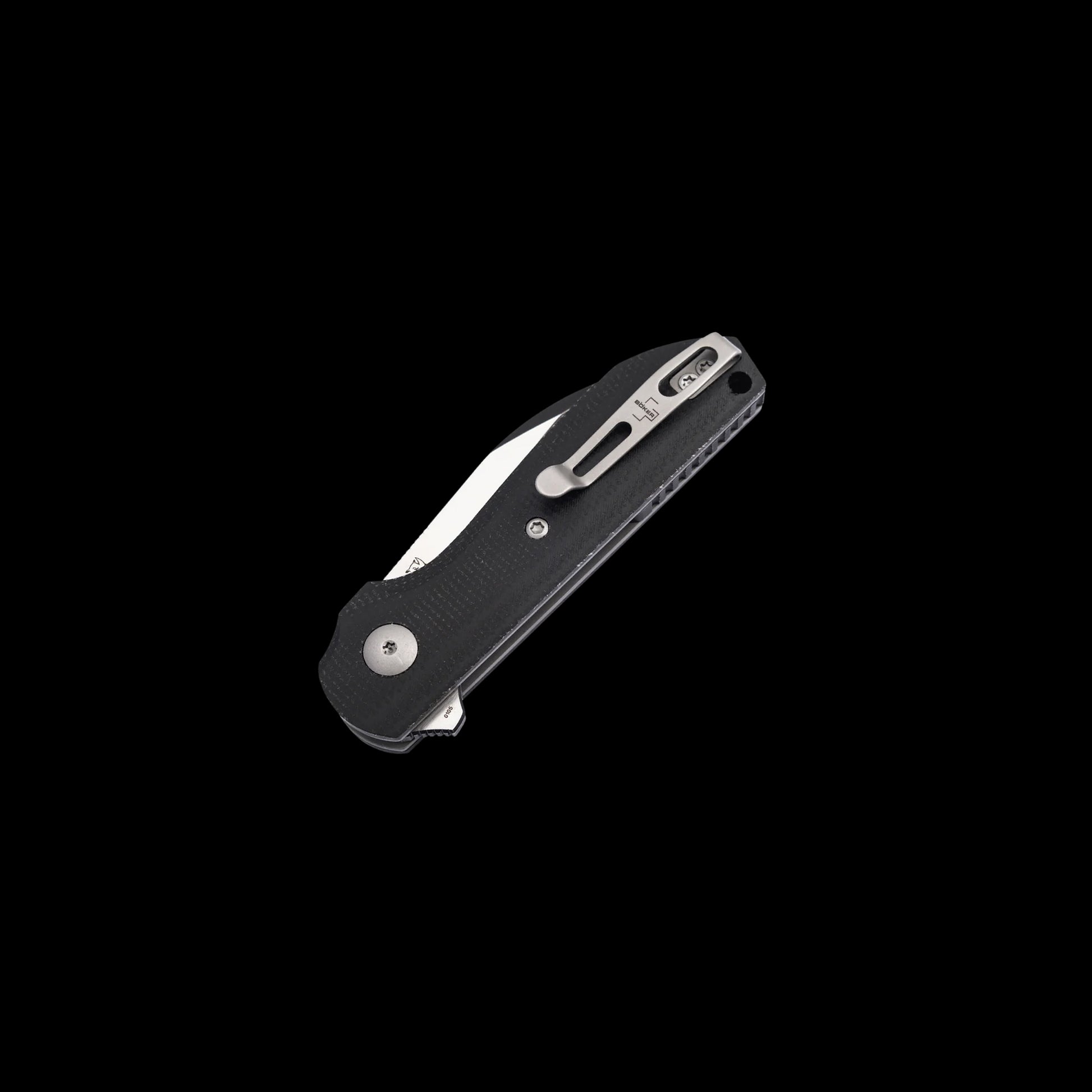 Boker Plus Corvus folding knife with black-coated Nitro-V stainless steel blade, black Micarta handle, flipper opening, and Liner Lock