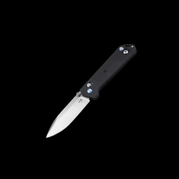 Boker Plus Kihon DC 2.0 folding knife with satin D2 steel blade, black GFN handle, thumb stud opening, and Crossbar Lock