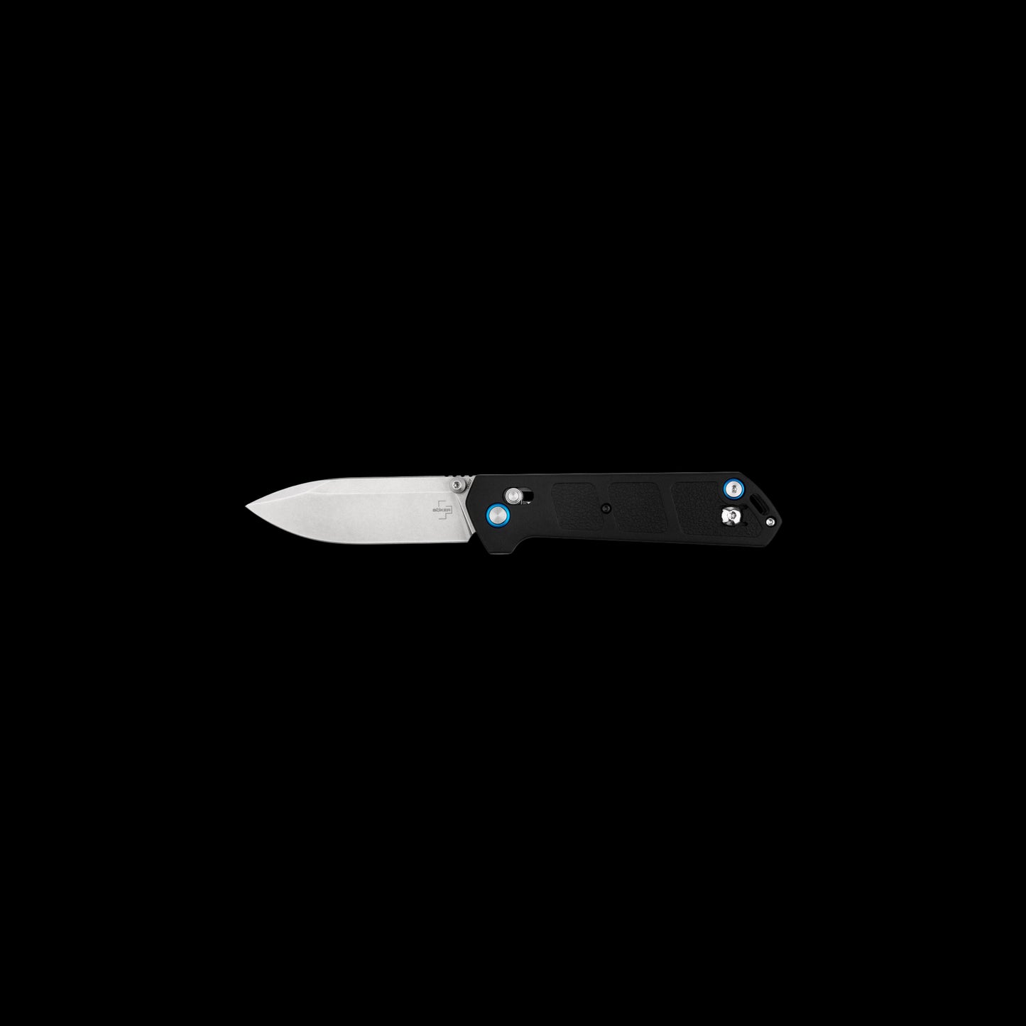 A black and tan fishing rod with blue accents, shown horizontally against a solid black background.