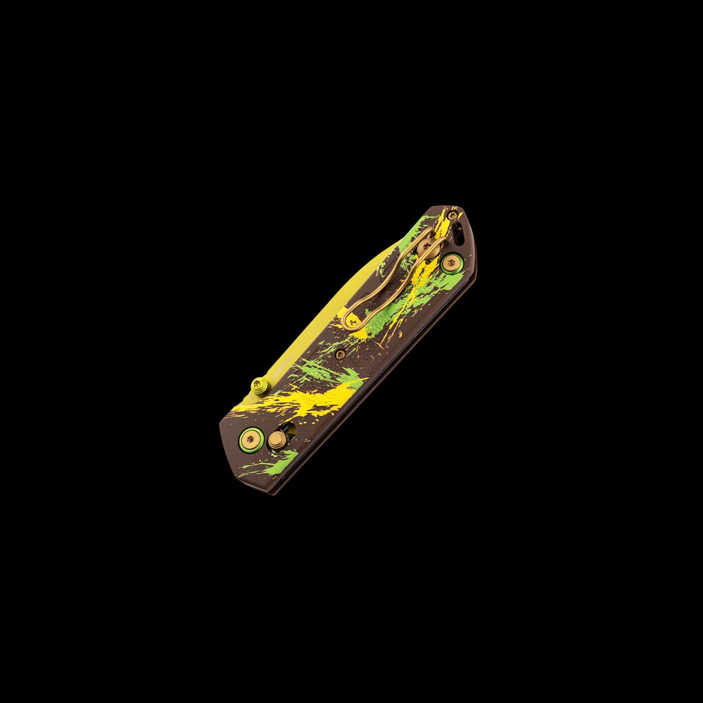 Boker Plus Kihon Dubai Chocolate folding knife with yellow-coated D2 steel blade, GFN handle, thumb stud opening, and Crossbar Loc