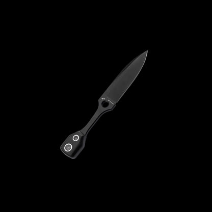 A black tactical pocket knife with a matte finish, featuring a circular lanyard hole near the bolster and two circular cutouts on the handle, shown against a solid black background.