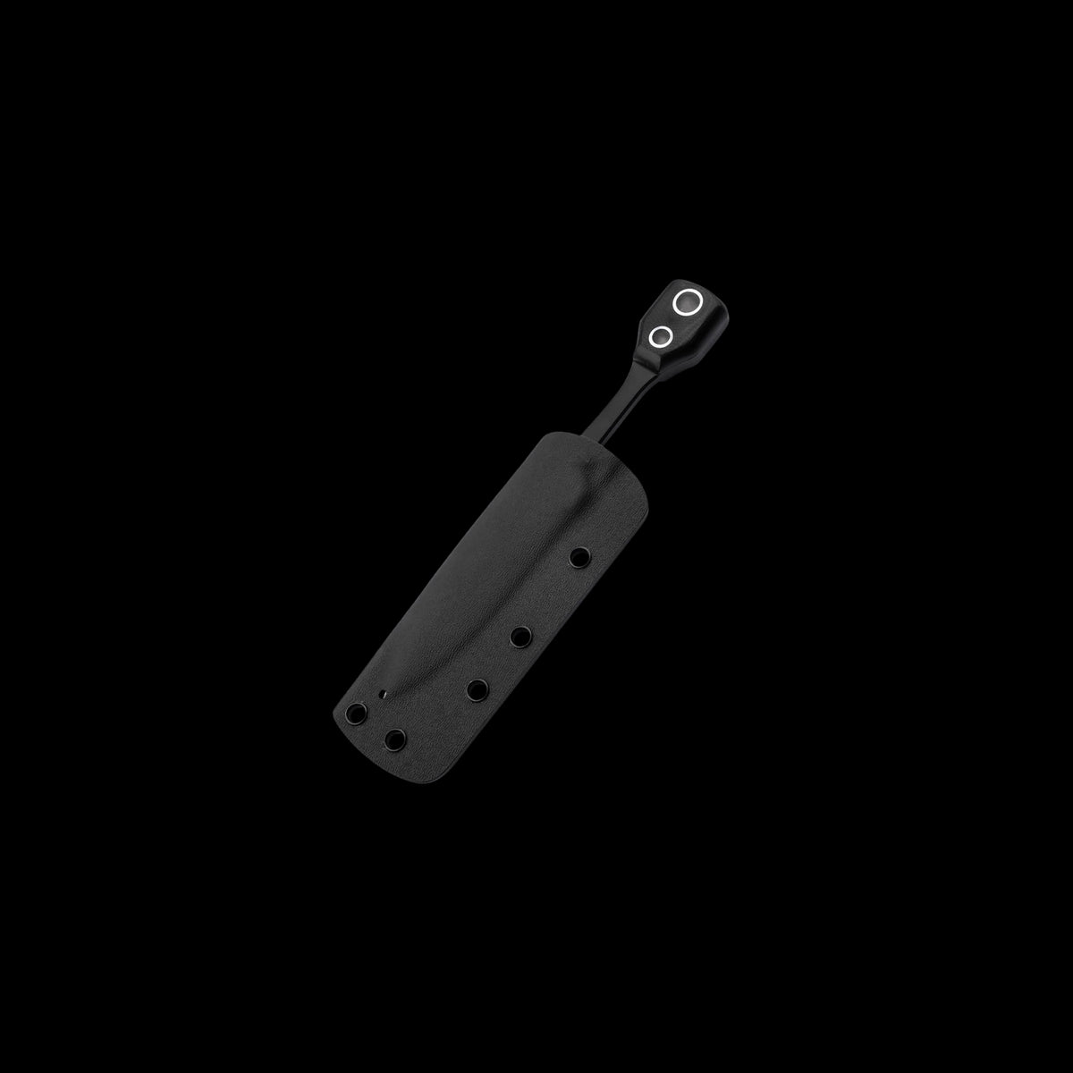 A black tactical belt clip or sheath with a metal buckle, shown on a solid black background.