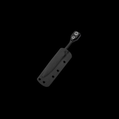 A black tactical belt clip or sheath with a metal buckle, shown on a solid black background.