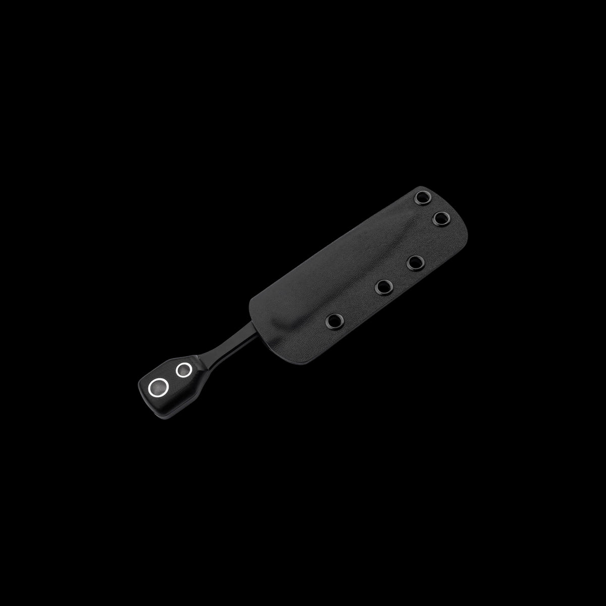 A black tactical belt clip or sheath with a matching black handle, shown diagonally against a solid black background.