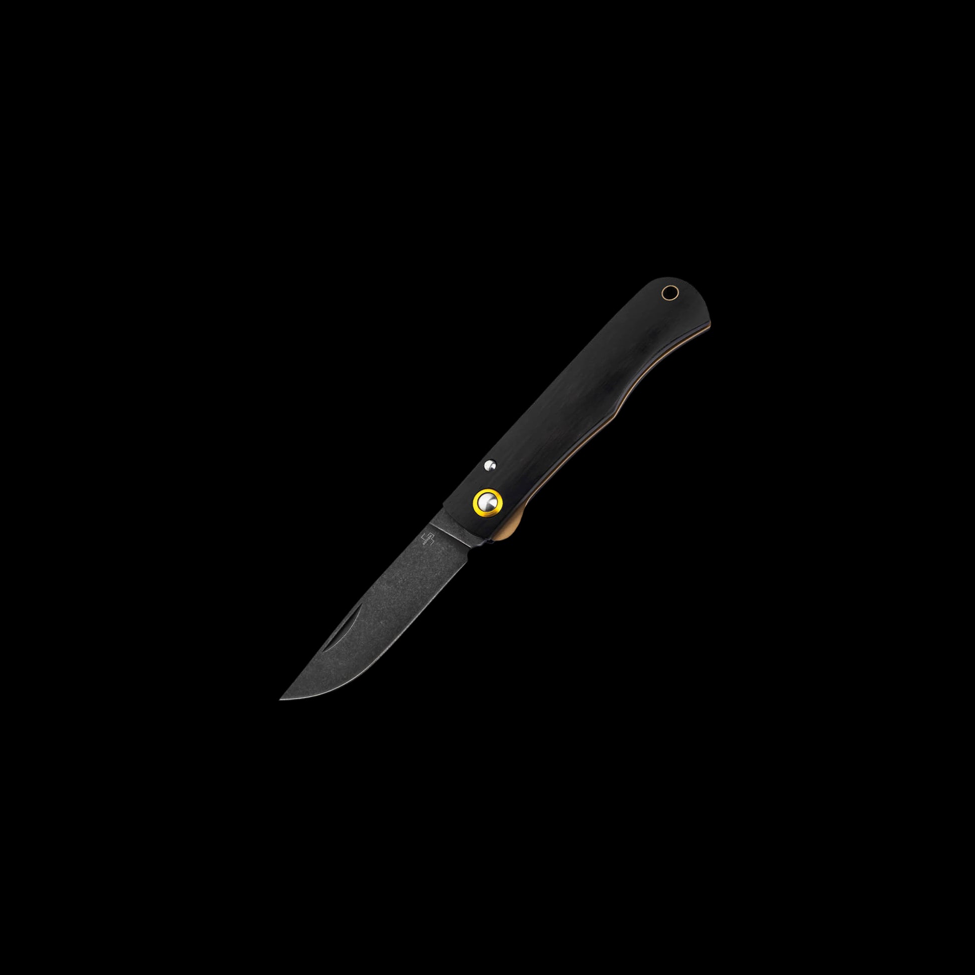 Boker Plus Rusticus All Black folding knife with black-coated 420 stainless steel blade, ebony wood handle, manual nail nick opening, and Liner Lock