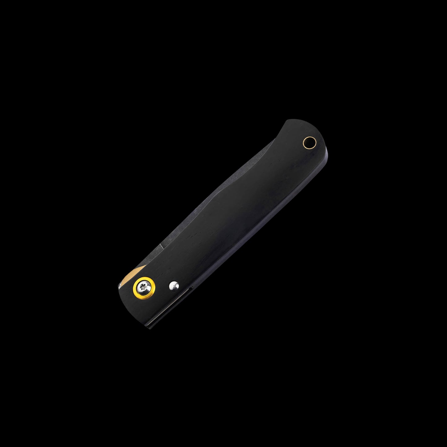 A black folding pocket knife shown open at an angle against a solid black background, featuring a yellow and black logo and a silver rivet on the handle.