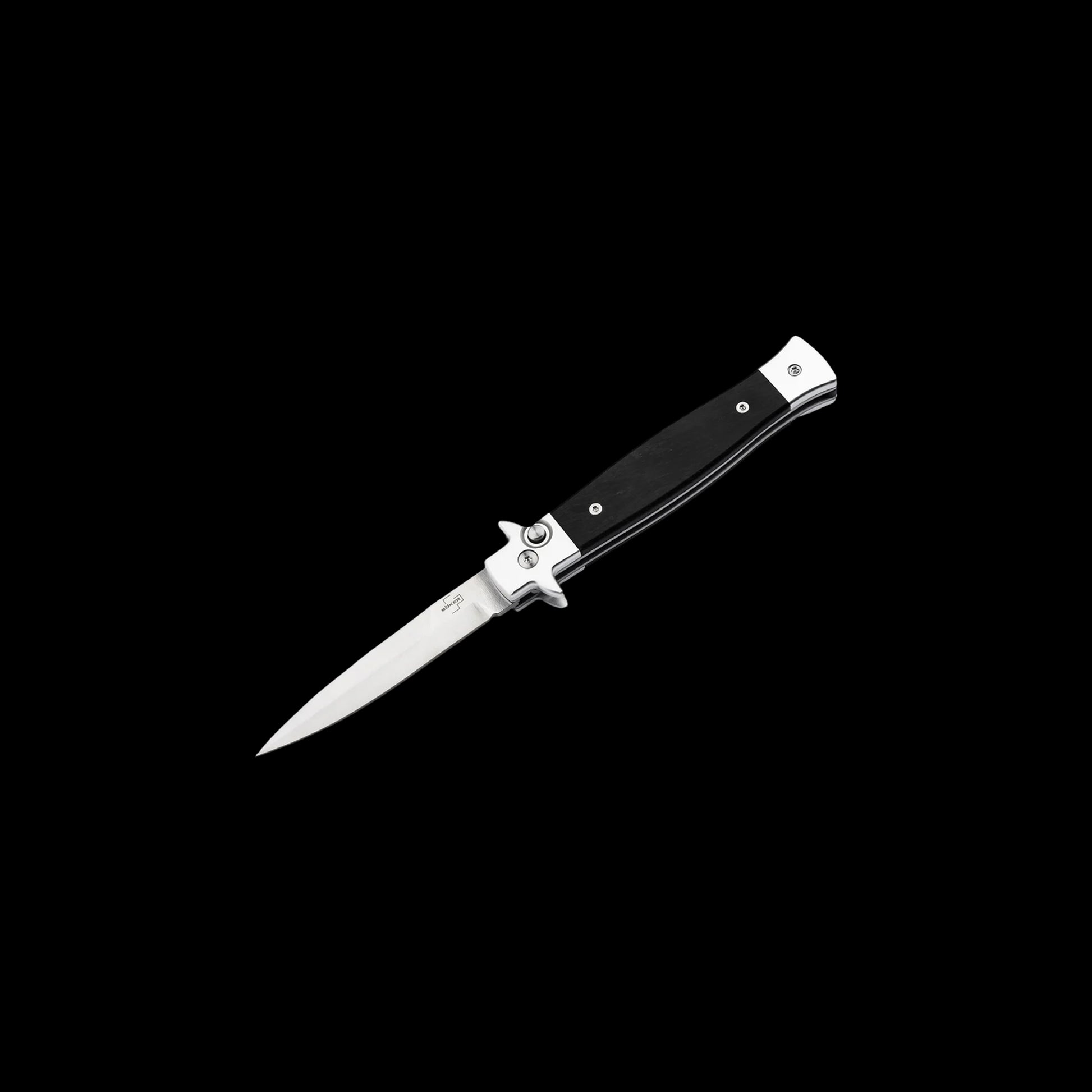 A folding pocket knife with a silver stainless steel blade and hardware, and a black textured handle, shown diagonally against a solid black background.