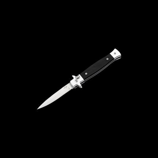 A folding pocket knife with a silver stainless steel blade and hardware, and a black textured handle, shown diagonally against a solid black background.