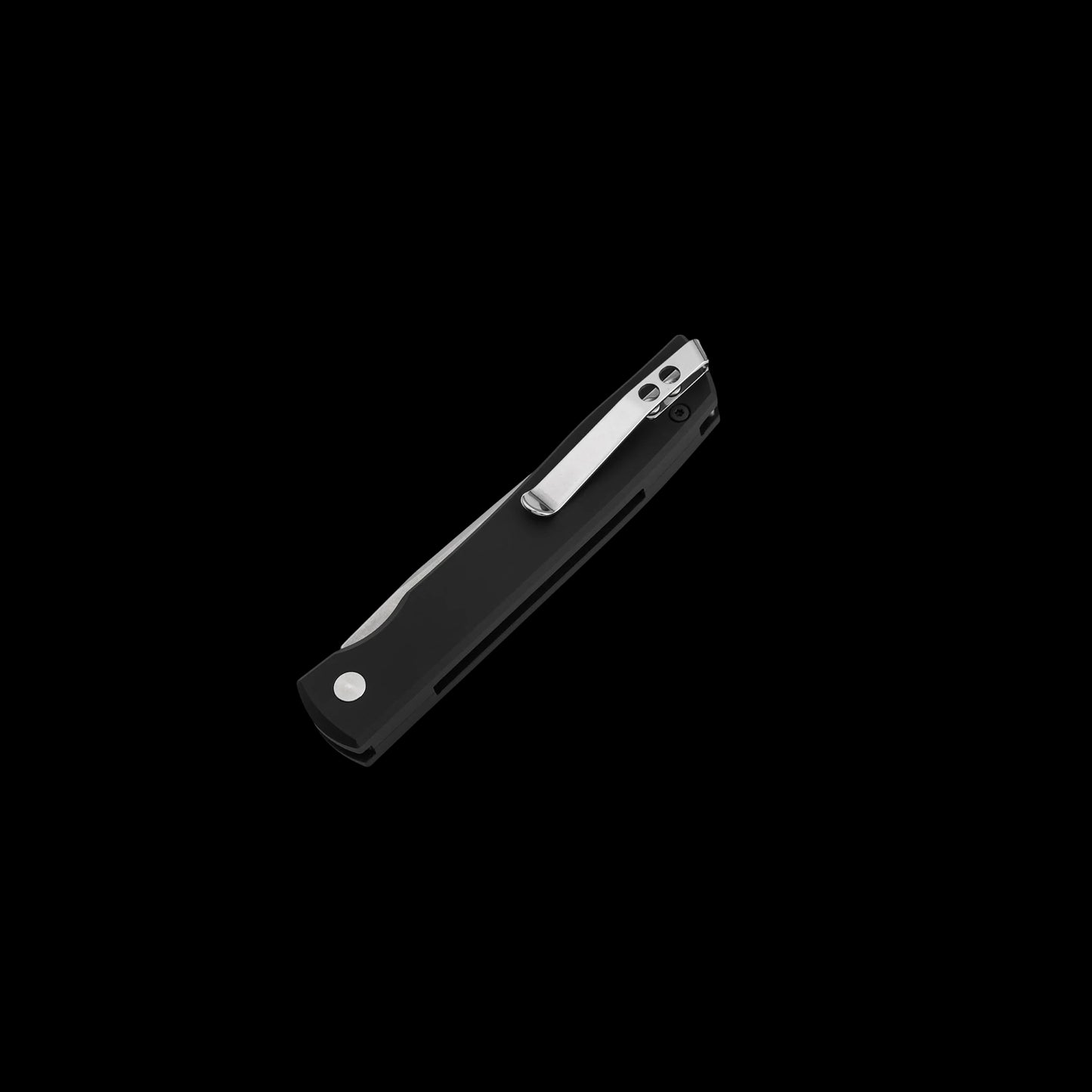 A black folding pocket knife with a silver clip point blade, shown open against a solid black background.