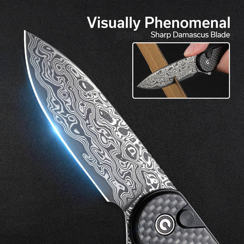 CIVIVI Button Lock Elementum II Flipper Knife Carbon Fiber / G10 Handle (2.96" Damascus Blade) C18062PB-DS1