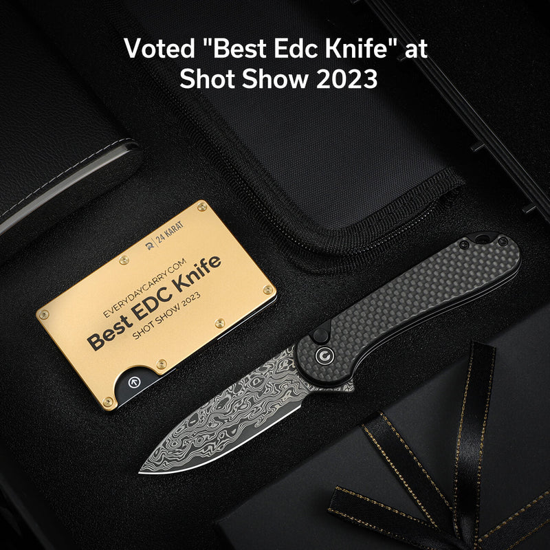 CIVIVI Button Lock Elementum II Flipper Knife Carbon Fiber / G10 Handle (2.96" Damascus Blade) C18062PB-DS1