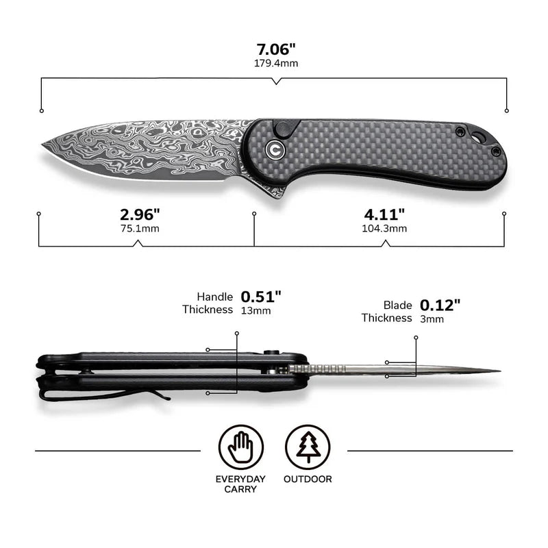 CIVIVI Button Lock Elementum II Flipper Knife Carbon Fiber / G10 Handle (2.96" Damascus Blade) C18062PB-DS1
