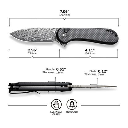 CIVIVI Button Lock Elementum II Flipper Knife Carbon Fiber / G10 Handle (2.96" Damascus Blade) C18062PB-DS1