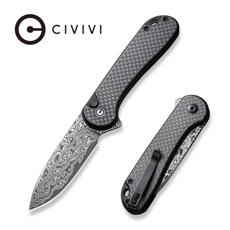 CIVIVI Button Lock Elementum II Flipper Knife Carbon Fiber / G10 Handle (2.96" Damascus Blade) C18062PB-DS1