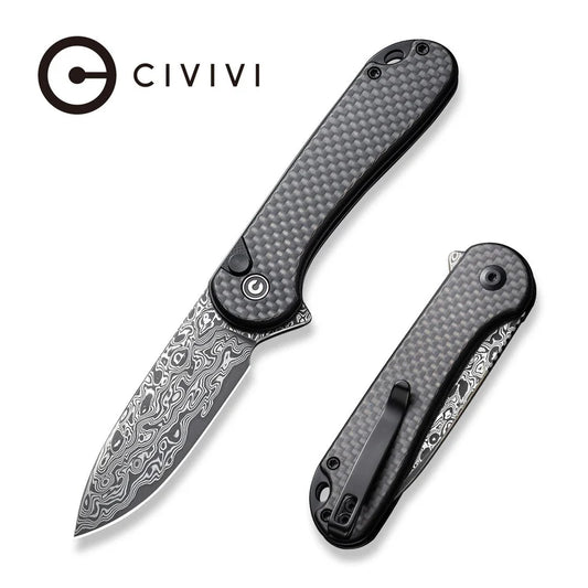 CIVIVI Button Lock Elementum II Flipper Knife Carbon Fiber / G10 Handle (2.96" Damascus Blade) C18062PB-DS1