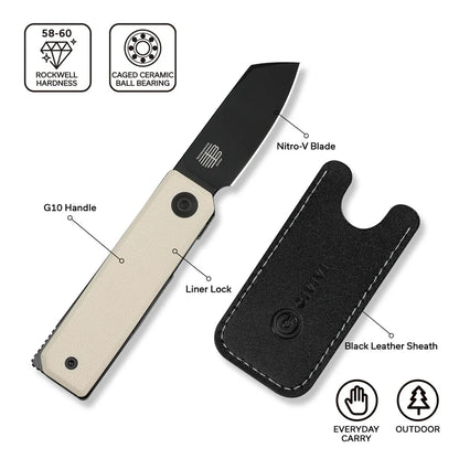 CIVIVI Kukei Front Flipper Knife Ivory G10 Handle (2.02" Black Stonewashed Nitro-V Blade) C25036-3, With 1PC Black Leather Sheath