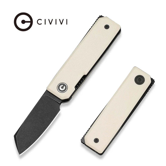 CIVIVI Kukei Front Flipper Knife Ivory G10 Handle (2.02" Black Stonewashed Nitro-V Blade) C25036-3, With 1PC Black Leather Sheath