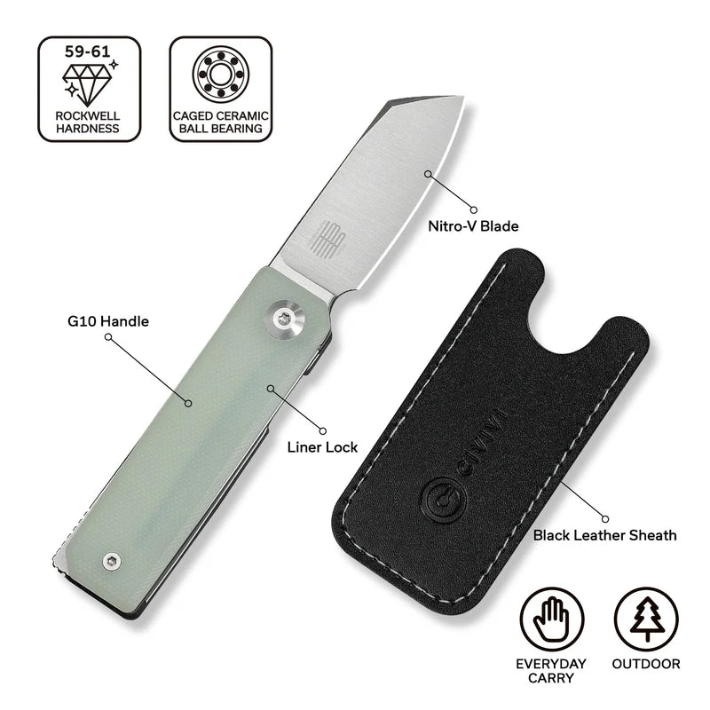CIVIVI Kukei Front Flipper Knife Natural G10 Handle (2.02" Satin Finished Nitro-V Blade) C25036-2, With 1PC Black Leather Sheath