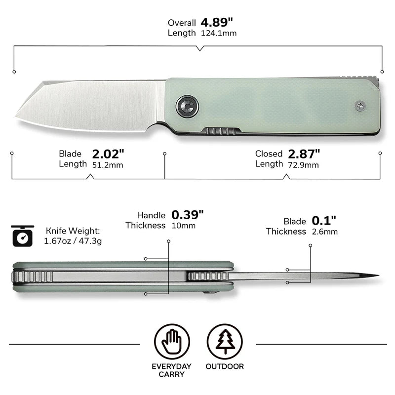 CIVIVI Kukei Front Flipper Knife Natural G10 Handle (2.02" Satin Finished Nitro-V Blade) C25036-2, With 1PC Black Leather Sheath