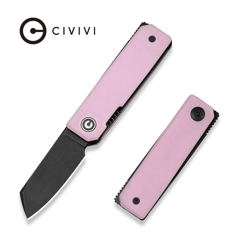 CIVIVI Kukei Front Flipper Knife Powder Pink G10 Handle (2.02" Black Stonewashed Nitro-V Blade) C25036-1, With 1PC Black Leather Sheath