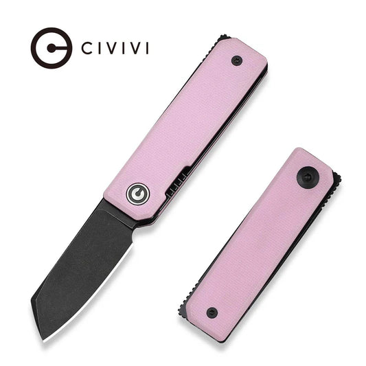 CIVIVI Kukei Front Flipper Knife Powder Pink G10 Handle (2.02" Black Stonewashed Nitro-V Blade) C25036-1, With 1PC Black Leather Sheath