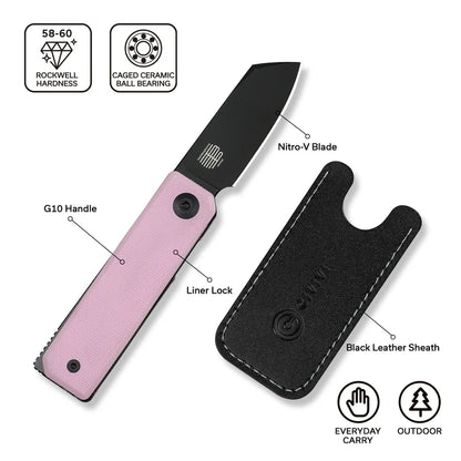 CIVIVI Kukei Front Flipper Knife Powder Pink G10 Handle (2.02" Black Stonewashed Nitro-V Blade) C25036-1, With 1PC Black Leather Sheath