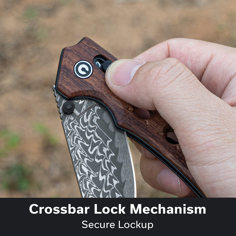CIVIVI Noctis Thumb Stud & Crossbar Lock Knife Guibourtia Wood Handle (2.98" Damascus Blade) C24020C-DS1