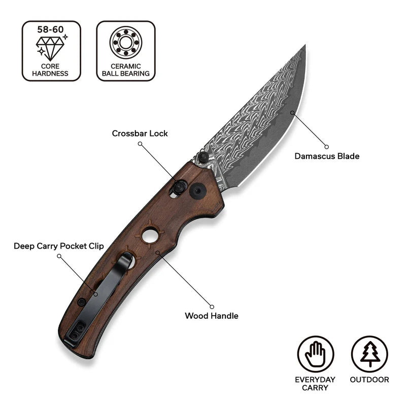 CIVIVI Noctis Thumb Stud & Crossbar Lock Knife Guibourtia Wood Handle (2.98" Damascus Blade) C24020C-DS1