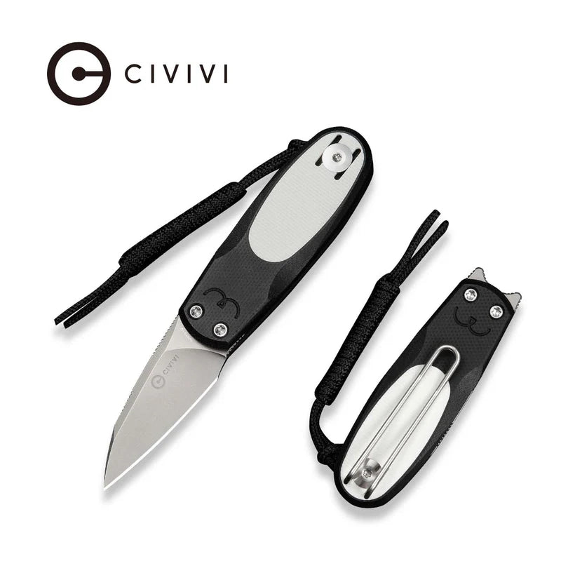CIVIVI Purr Flipper & Slip Joint Knife Black & White G10 Handle (1.83" Stonewashed Nitro-V Blade) C25054-2, With 1PC Black Lanyard