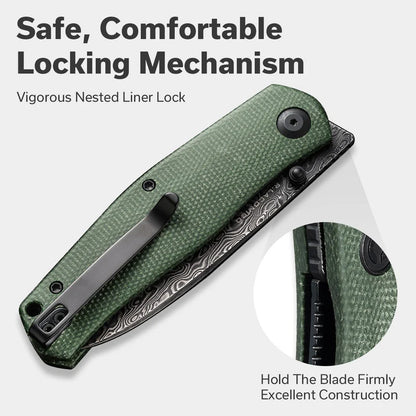 CIVIVI Sokoke Front Flipper & Thumb Stud Knife Micarta Handle (3.35" Damascus Blade) C22007-DS2