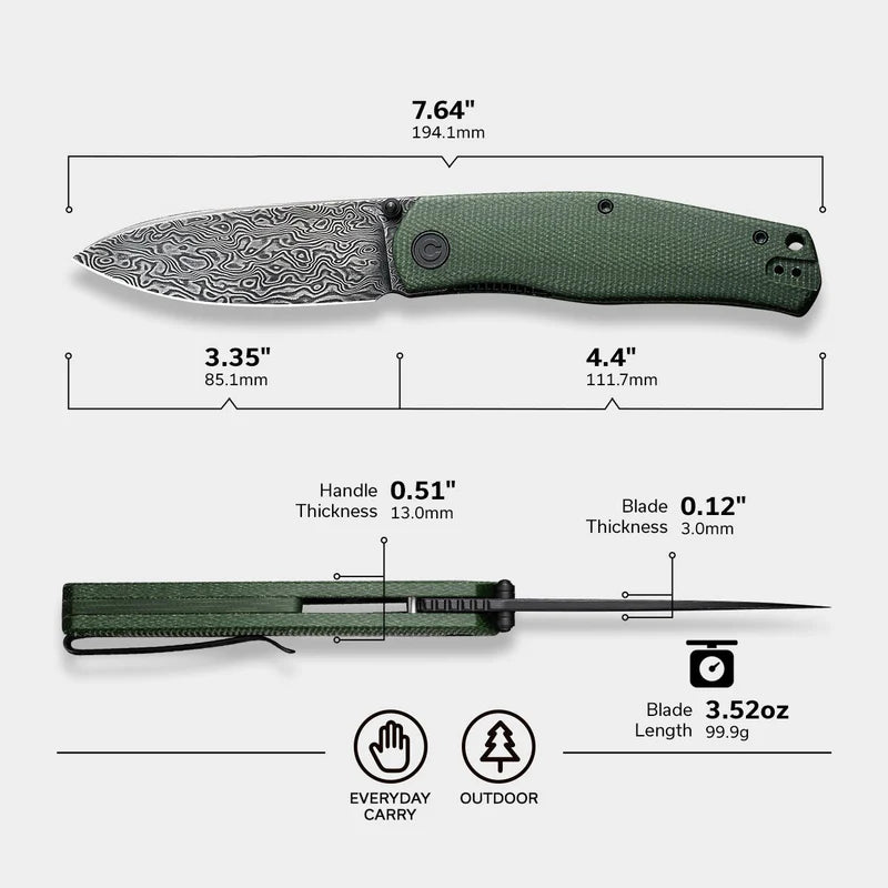 CIVIVI Sokoke Front Flipper & Thumb Stud Knife Micarta Handle (3.35" Damascus Blade) C22007-DS2