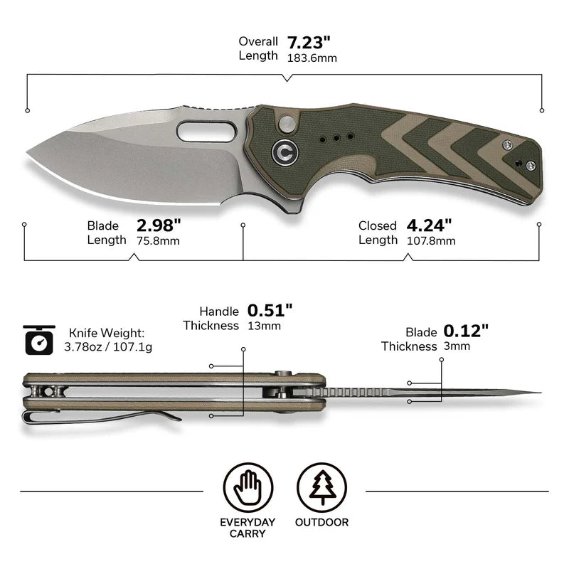 CIVIVI Vexron Flipper & Thumb Hole & Button Lock Knife G10 Handle (2.98" 14C28N Blade) C24066-2