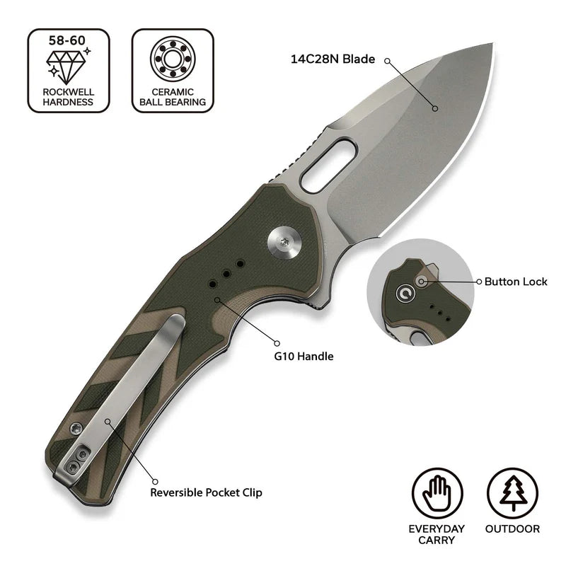 CIVIVI Vexron Flipper & Thumb Hole & Button Lock Knife G10 Handle (2.98" 14C28N Blade) C24066-2