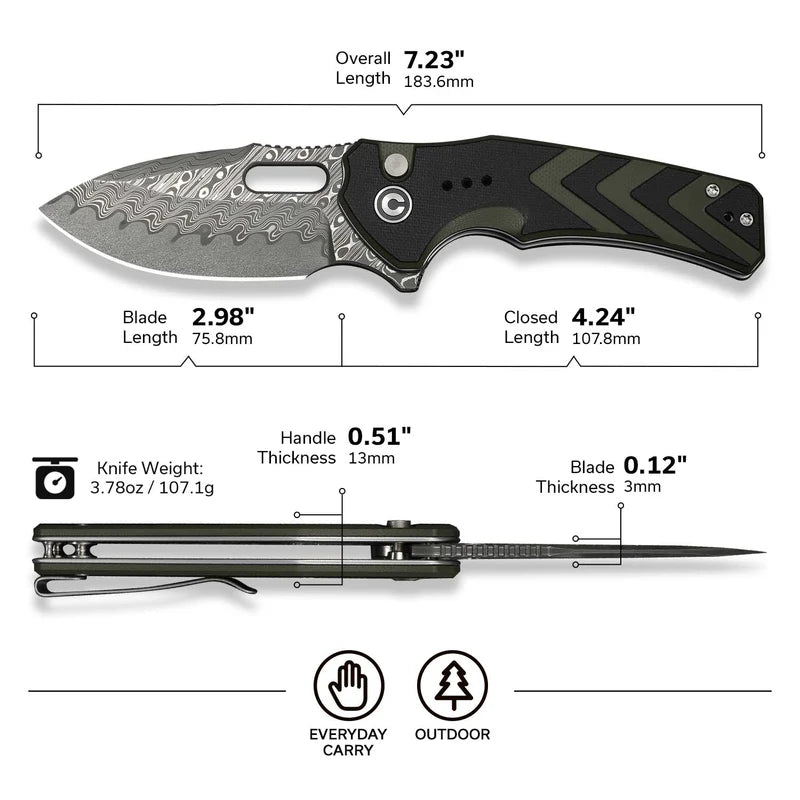 CIVIVI Vexron Flipper & Thumb Hole & Button Lock Knife G10 Handle (2.98" Damascus Blade) C24066-DS1