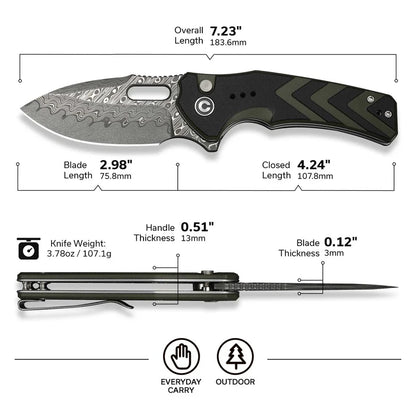 CIVIVI Vexron Flipper & Thumb Hole & Button Lock Knife G10 Handle (2.98" Damascus Blade) C24066-DS1
