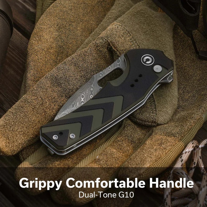 CIVIVI Vexron Flipper & Thumb Hole & Button Lock Knife G10 Handle (2.98" Damascus Blade) C24066-DS1