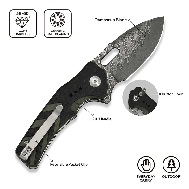 CIVIVI Vexron Flipper & Thumb Hole & Button Lock Knife G10 Handle (2.98" Damascus Blade) C24066-DS1