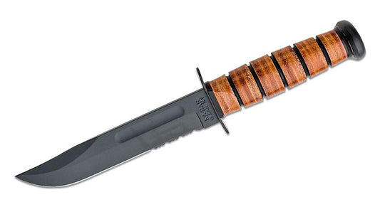KA-BAR 1218 USMC Fighting Knife 7" Combo Blade, Leather Handles, Leather Sheath