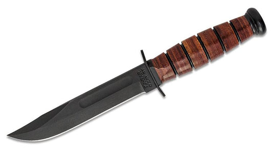 KA-BAR 1250 USMC Short Fighting Knife 5-1/4" Plain Blade, Leather Handles, Leather Sheath