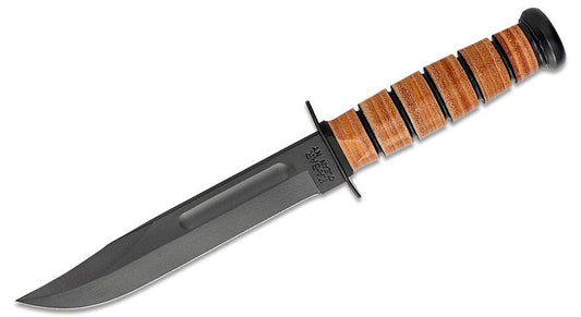 KA-BAR 1217 Full Size USMC Fighting Knife 7" Plain Blade, Leather Handles, Leather Sheath