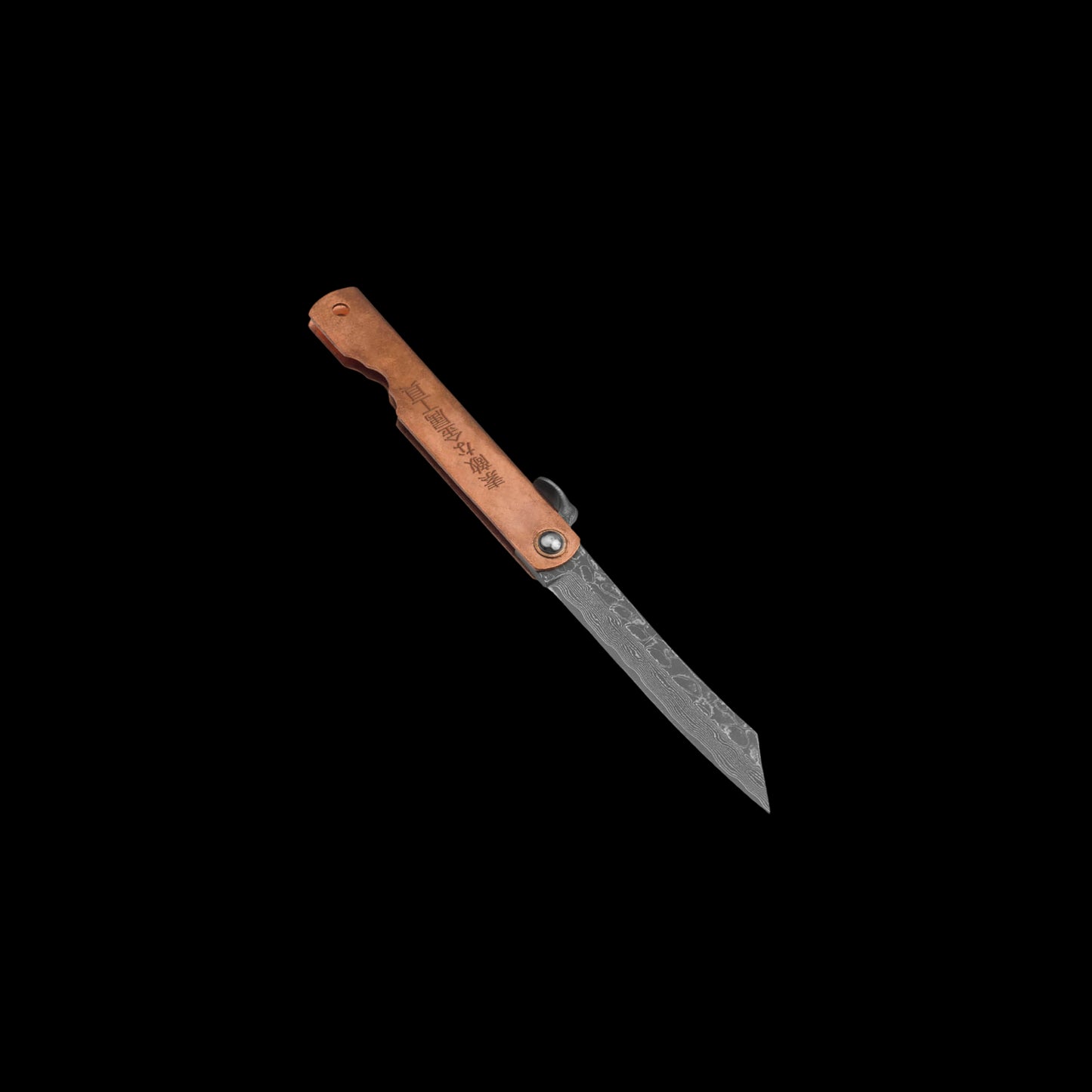 Higo Irogane Damascus pocket knife with Damascus steel blade, copper handle, and traditional friction folder opening