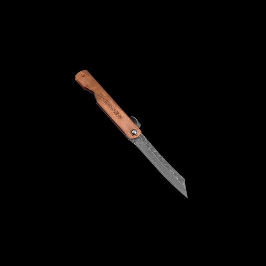 Higo Irogane Damascus pocket knife with Damascus steel blade, copper handle, and traditional friction folder opening