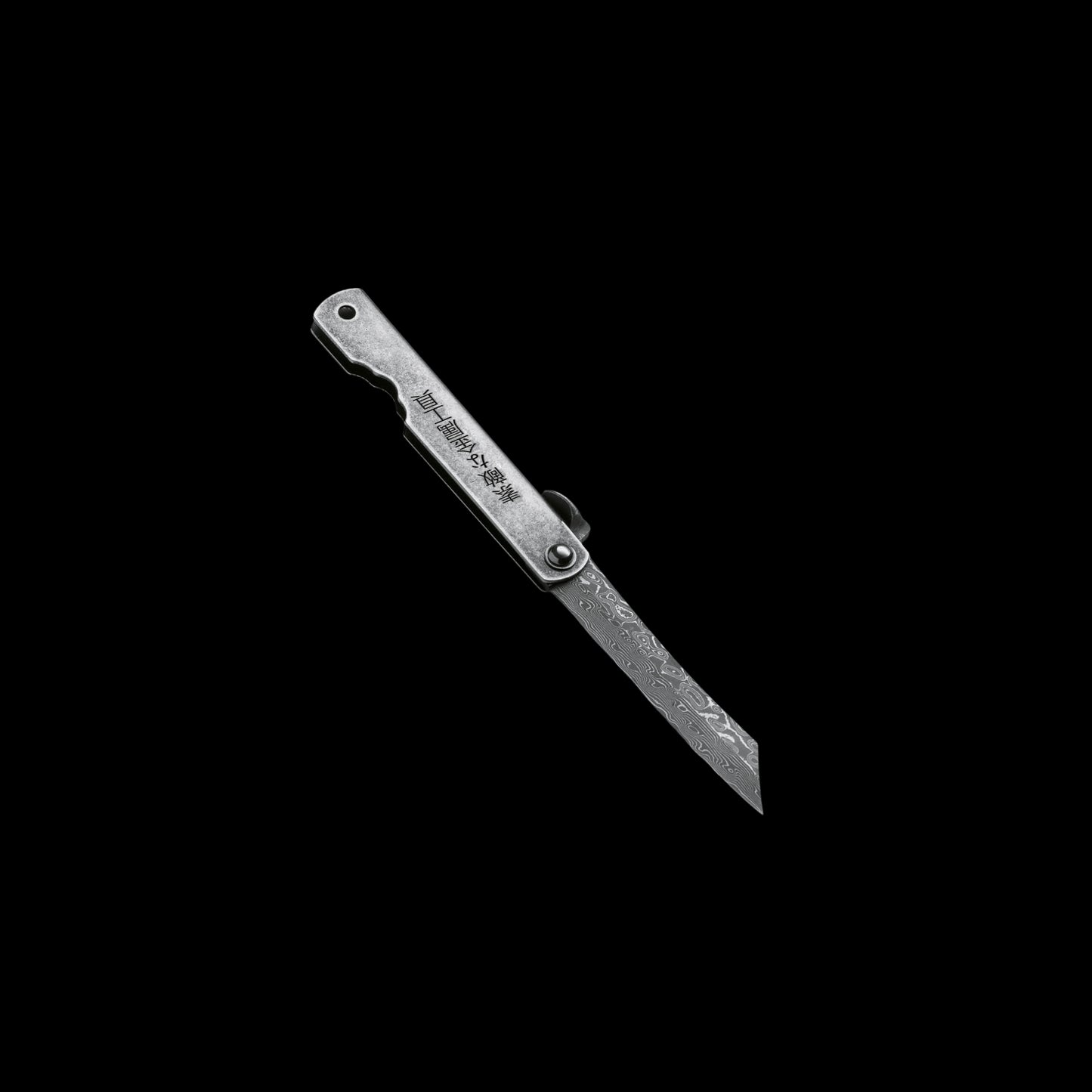 Higo Kinzoku Damascus pocket knife with Damascus steel blade, stainless steel handle, and traditional friction folder opening