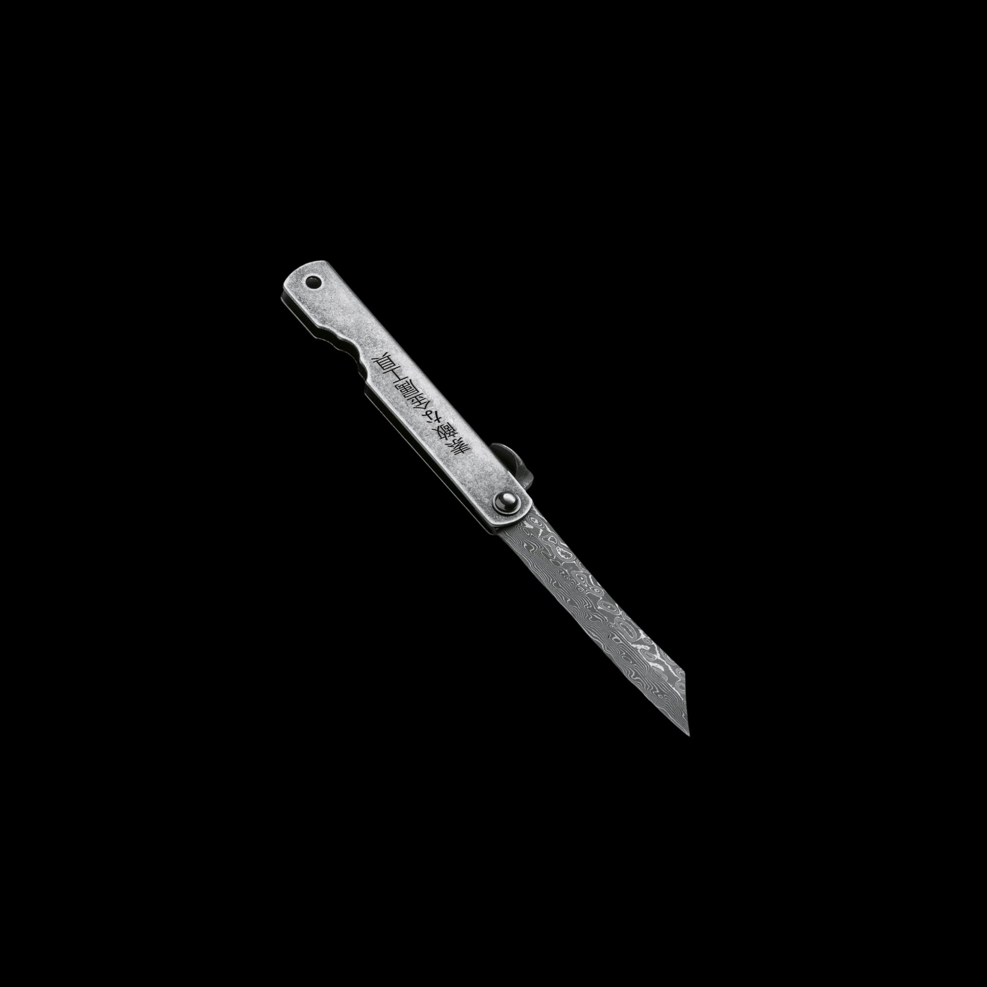 Higo Kinzoku Damascus pocket knife with Damascus steel blade, stainless steel handle, and traditional friction folder opening