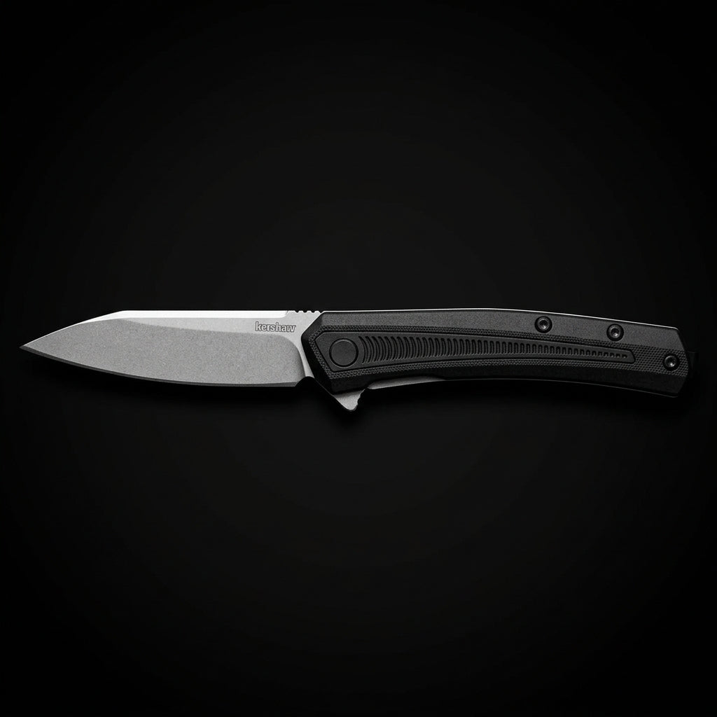 Kershaw 1427 Raygun Liner Lock Assisted Flipper Knife 2.8" Stonewashed Reverse Tanto Blade, Black Glass-Fillen Nylon Handles, Reversible Clip