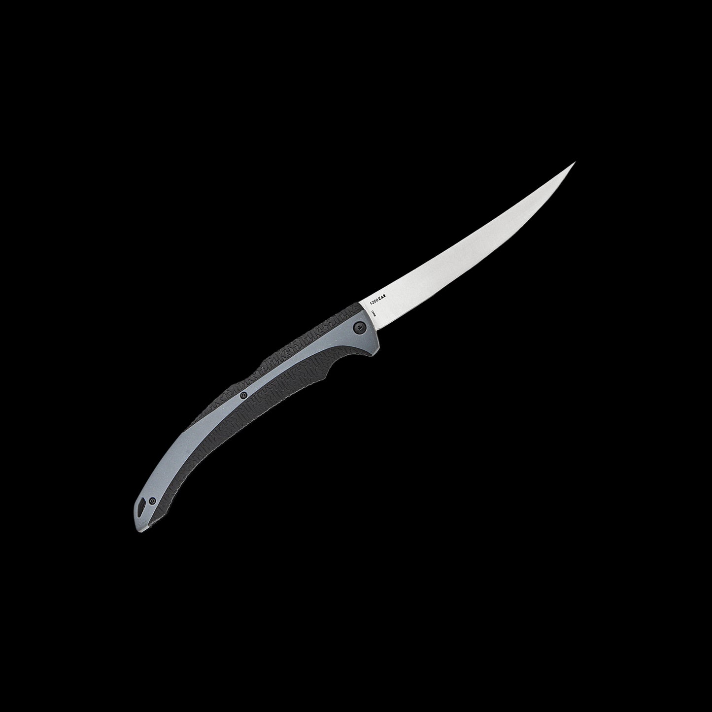 A folding pocket knife with a silver stainless steel blade and a textured dark gray handle, shown open against a solid black background.