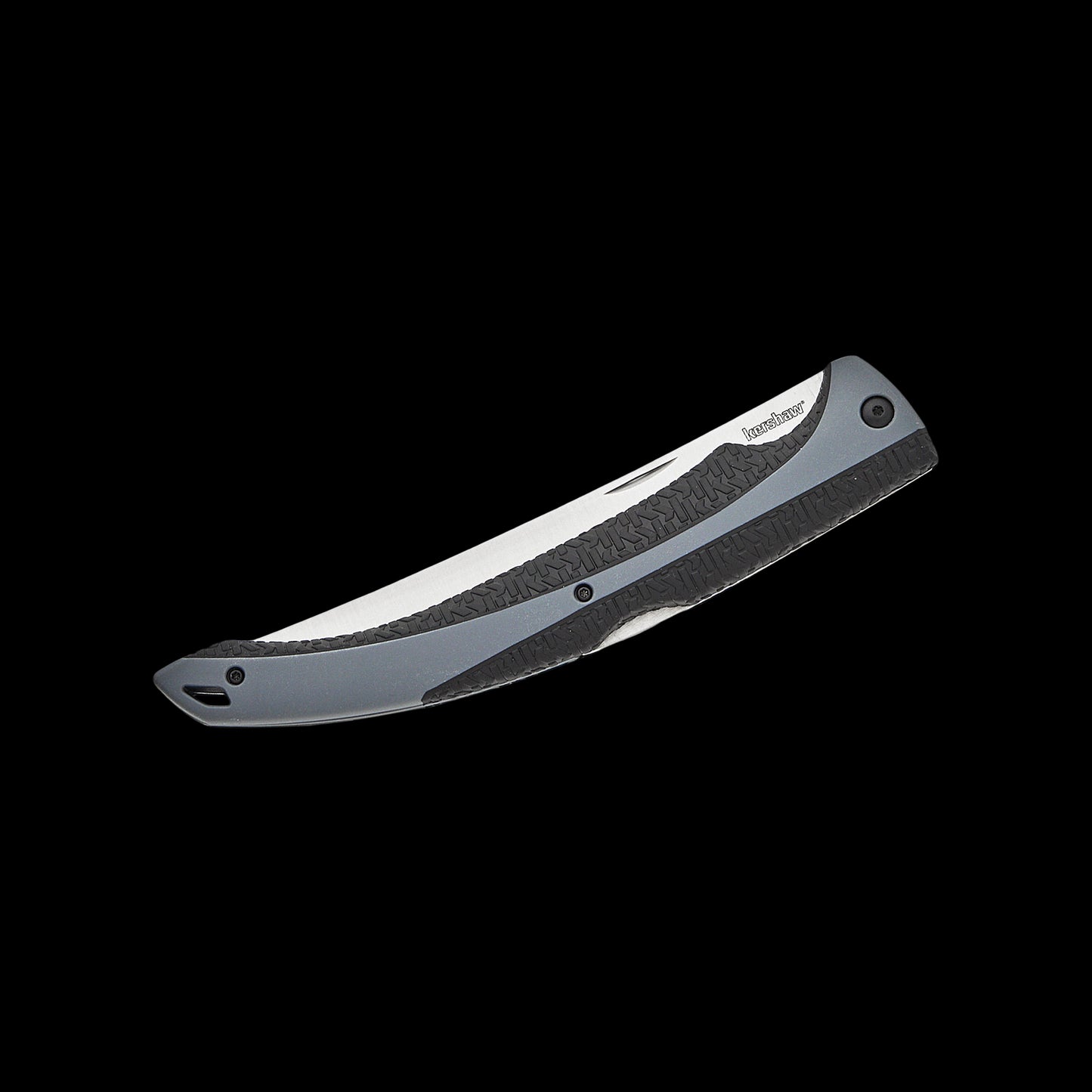 A folding pocket knife with a textured gray handle and a silver blade, shown against a solid black background.