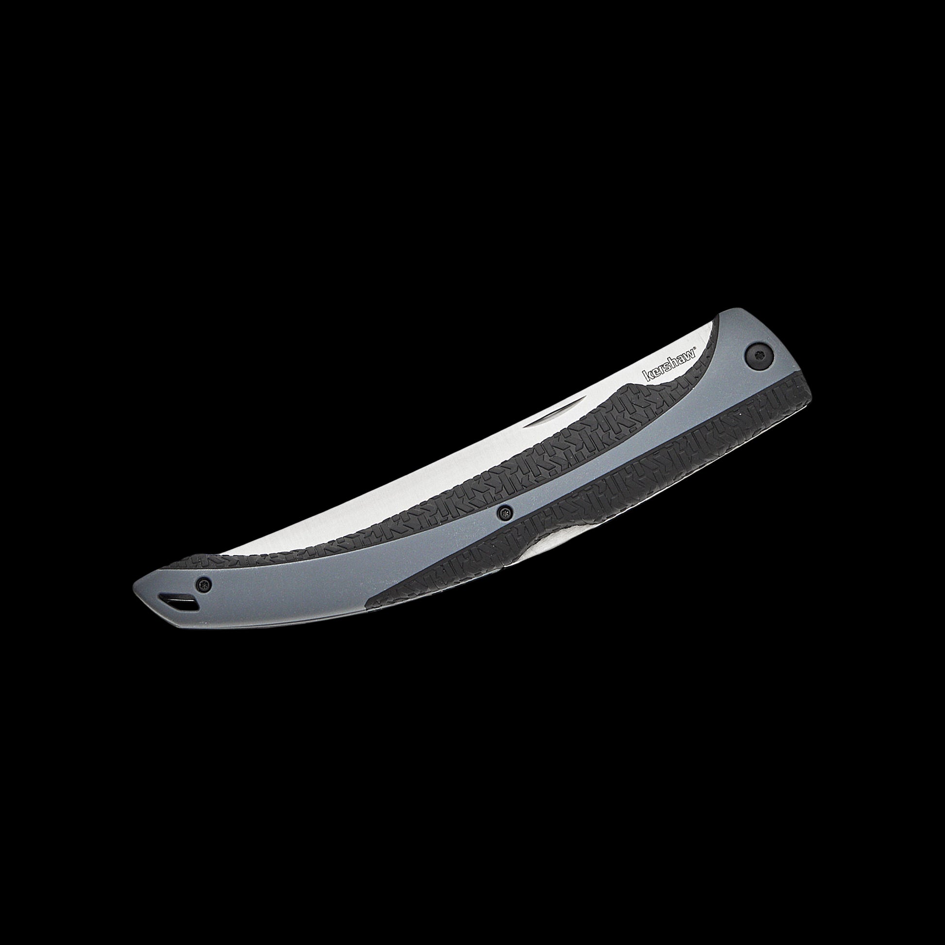 A folding pocket knife with a textured gray handle and a silver blade, shown against a solid black background.